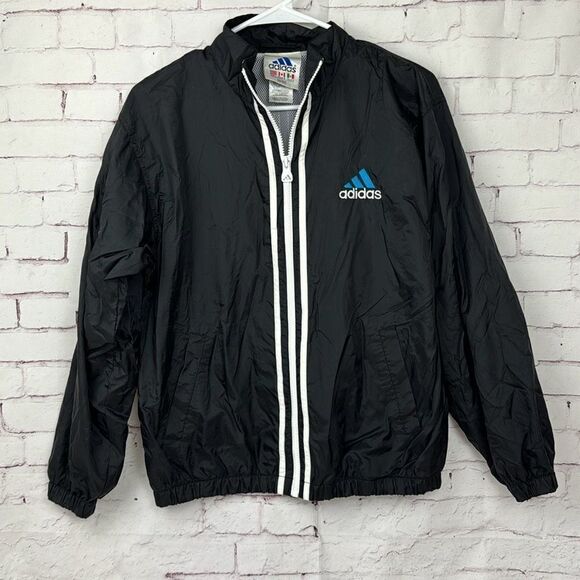 Adidas Jacket Mens Large L Windbreaker Track Vintage Full Zip Mesh Lined Black - Picture 1 of 11